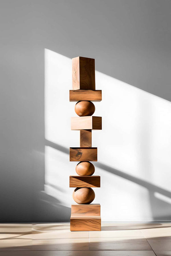 Contemporary Wooden Sculpture - Stacked Spheres and Blocks for Home Decor #WG027