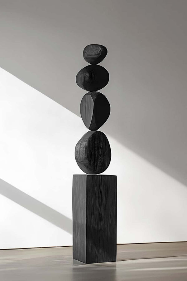 Black Wooden Geometric Sculpture - Abstract Stack Design for Home Decor #WG009