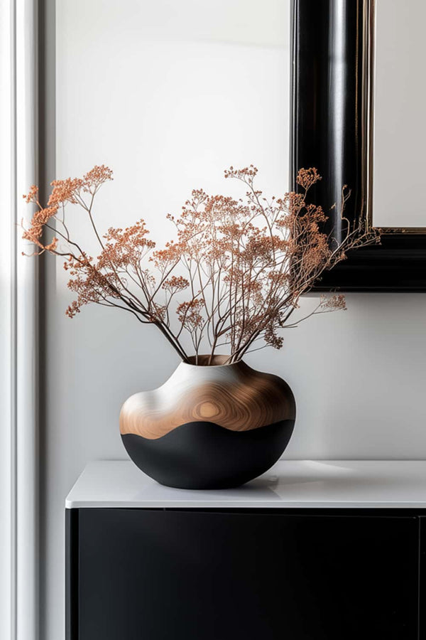 Modern Wood and Black Vase – Minimalist Decorative Home Accent #WG131
