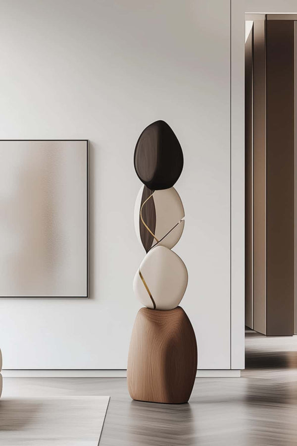 Abstract Wooden Sculpture - Geometric Stacked Art with Dark and Light Wood #WG013