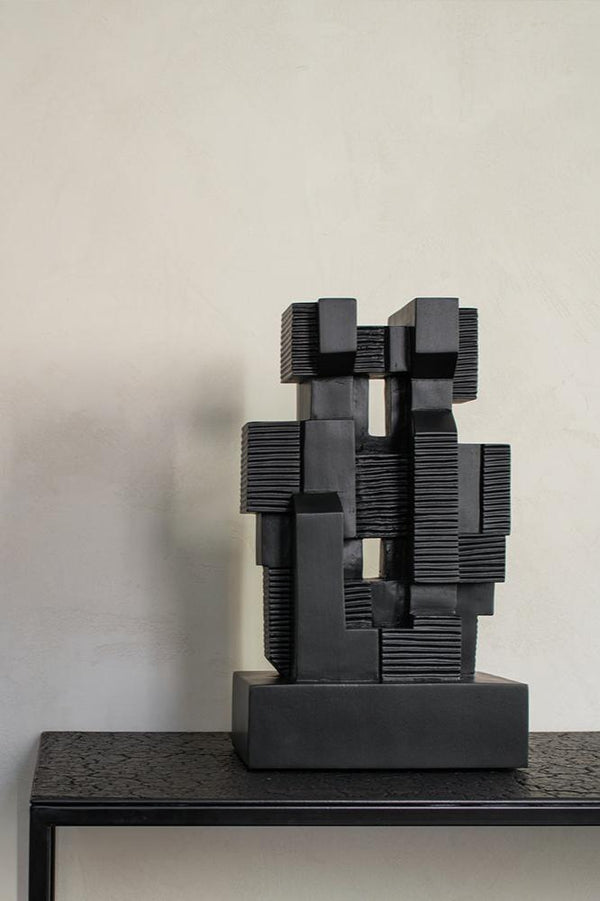 Abstract Wood Carving - Geometric Black Sculpture #WA019