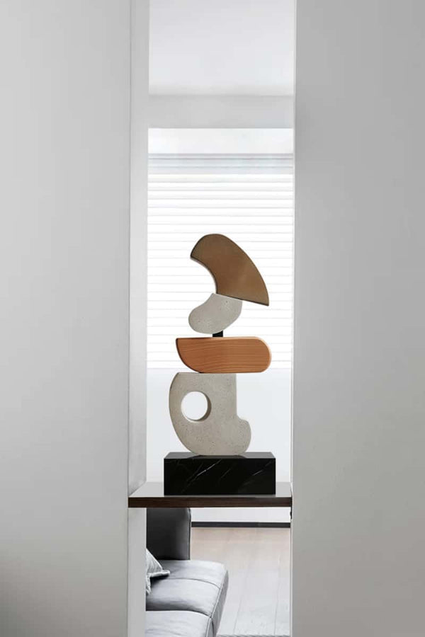Minimalist Wood & Stone Sculpture – Modern Handmade Art Decor #WG128
